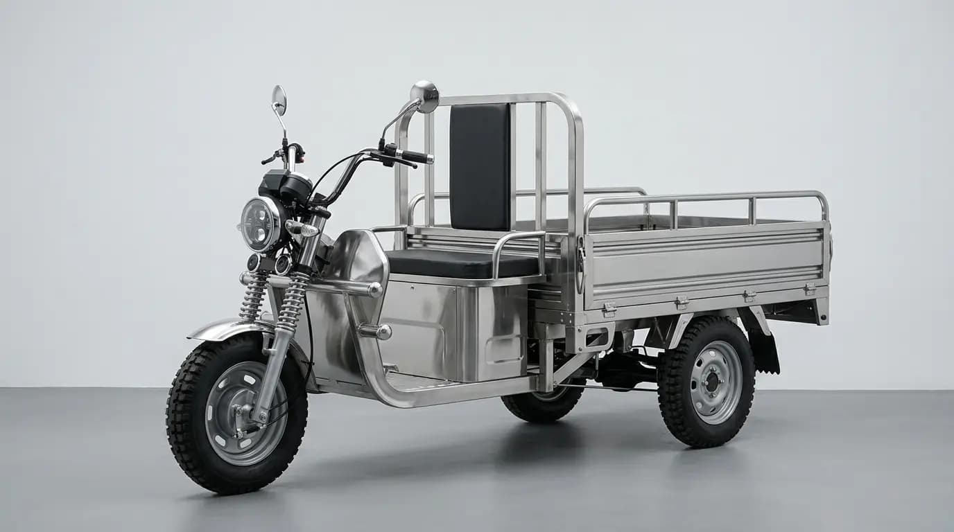 Xe ba gác inox với thùng chở hàng phía sau, trên nền xám trơn